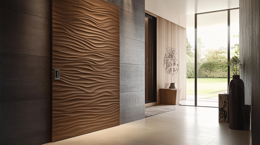 extured dark wood interior door with wavy patterns in a modern entryway