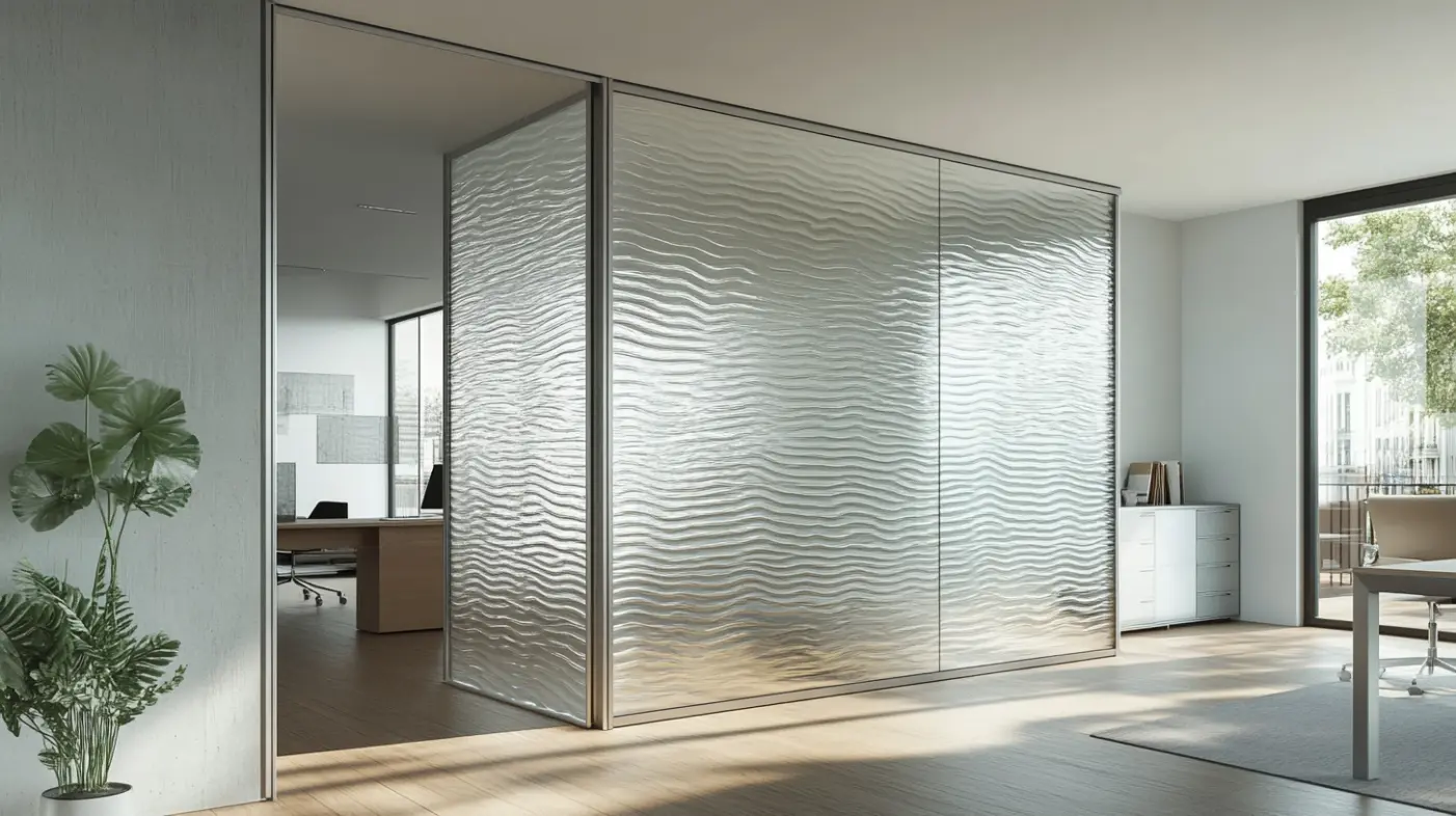 Artistic hallway with a textured glass door, adding character and light diffusion to the space.