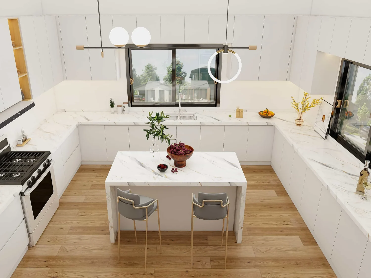 U-shape kitchen base cabinet design with wraparound counters for family-sized kitchens.