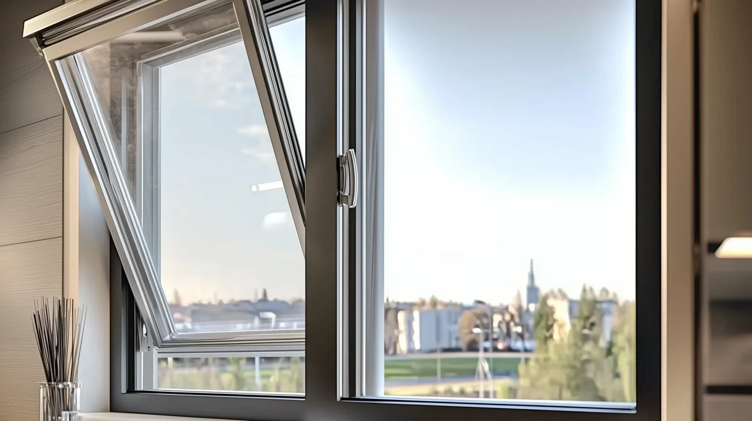 European tilt turn aluminum window showing dual opening system for ventilation and easy cleaning access