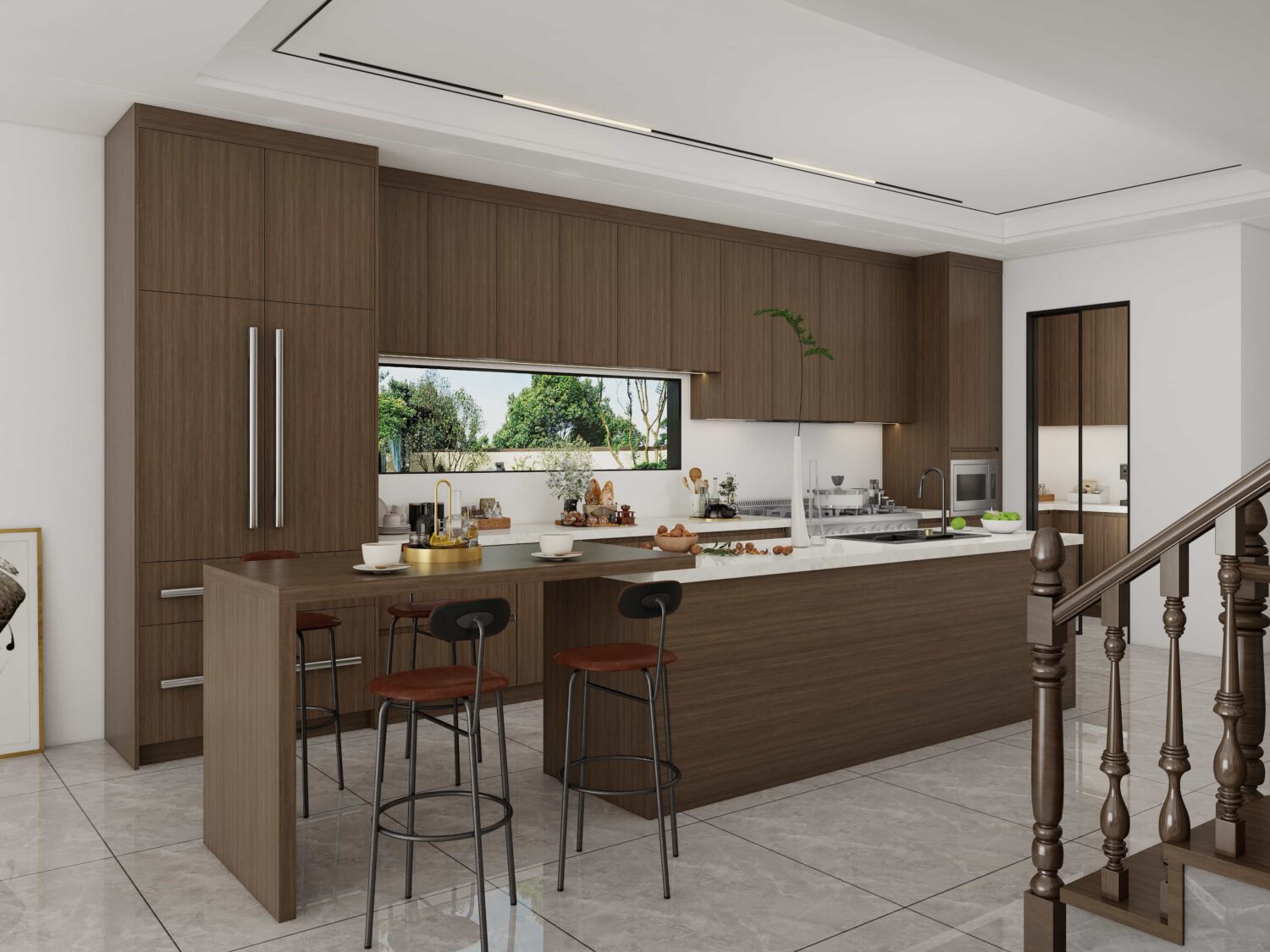 walnut bespoke cabinetry kitchen with large island and bright natural lighting