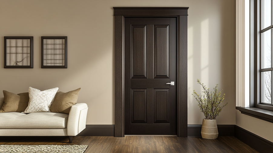 dark walnut wood interior door with subtle grain in a hallway