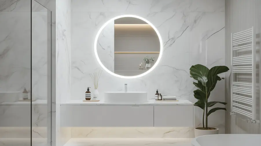 A modern bathroom features glossy PVC wall panels with marble texture and bright lighting.