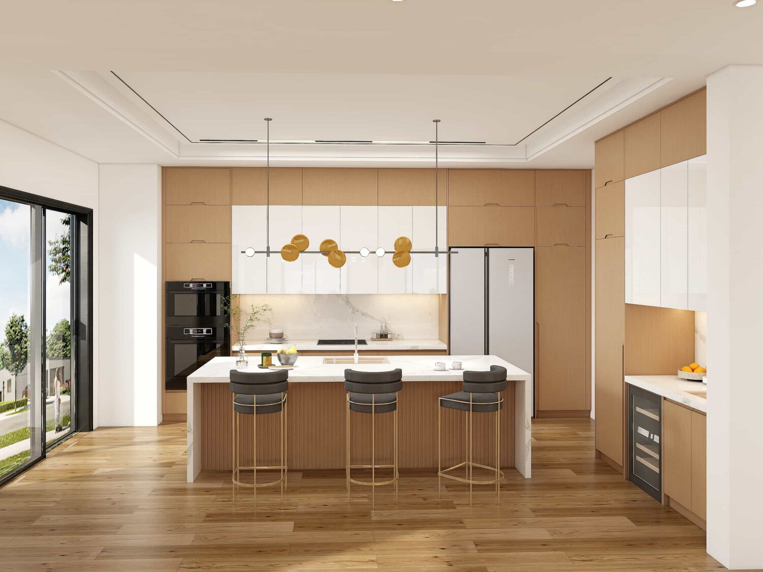 bright bespoke cabinetry kitchen with white and light wood tone finishes and island