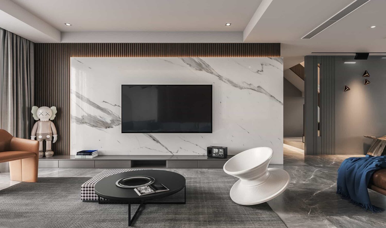 Contemporary living room with wood and marble combination pvc wall panel design.
