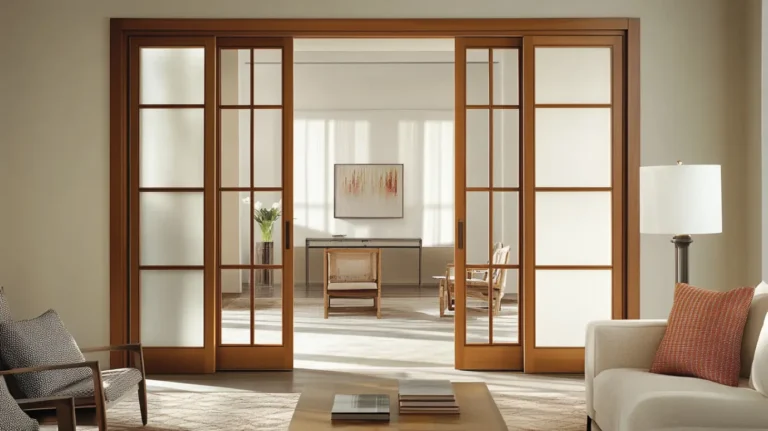 Living room featuring a wooden frame glass panel door, blending natural wood with modern glass for warmth.