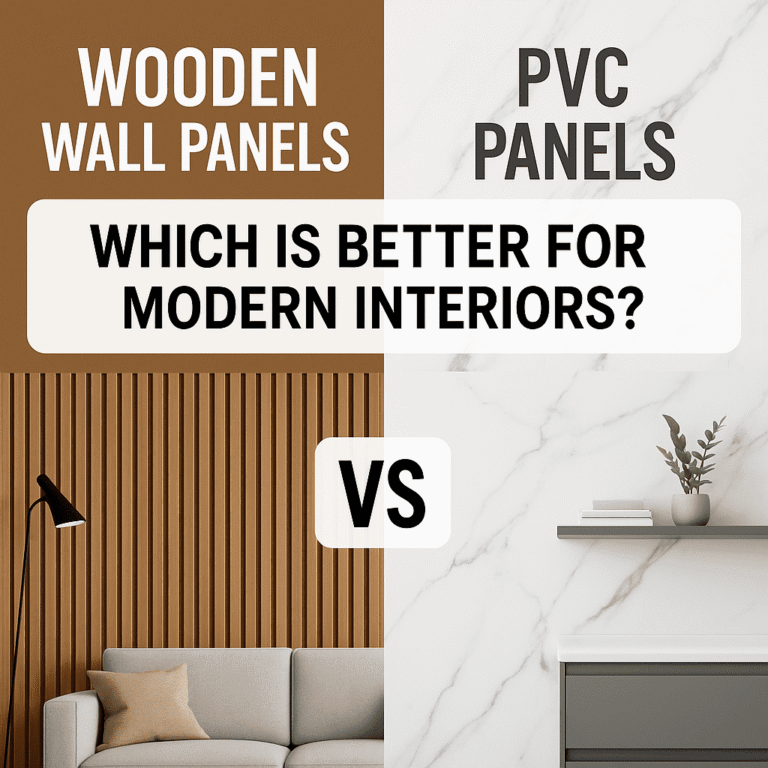 A modern interior shows wooden wall panels and PVC panels side by side in a stylish comparison.