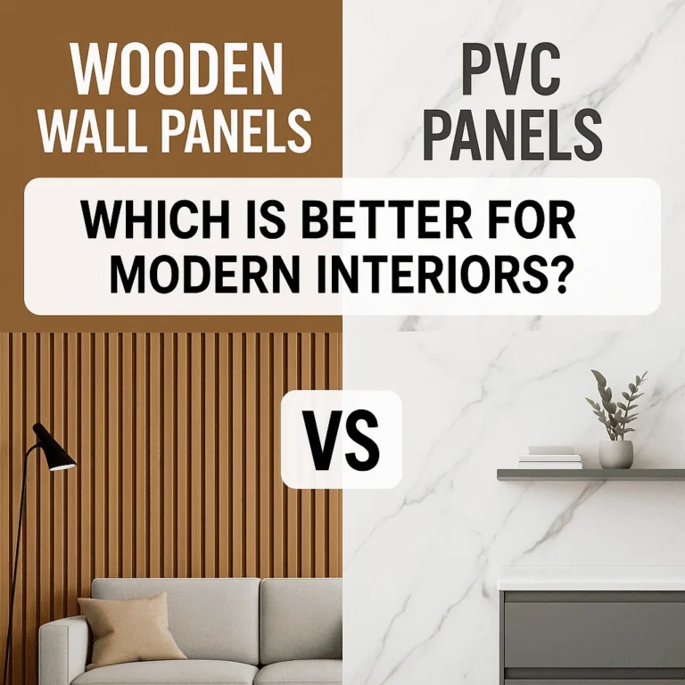 A modern interior shows wooden wall panels and PVC panels side by side in a stylish comparison.