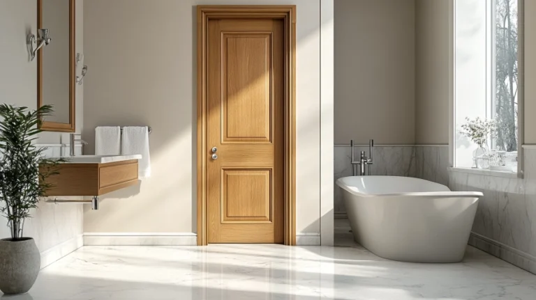 A classic hinged bathroom door with a clean modern frame providing privacy in a bright family bathroom.