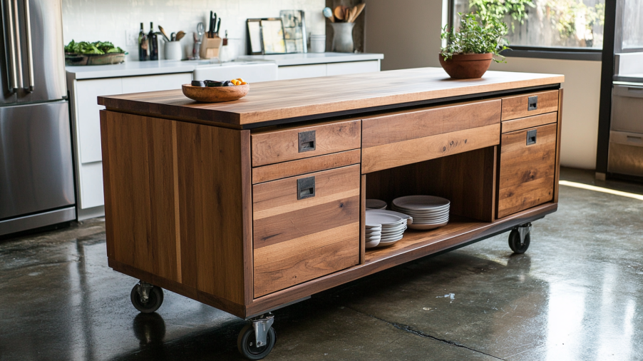 A mobile rolling island with lockable wheels offering flexible layout options for modern small kitchen island ideas.