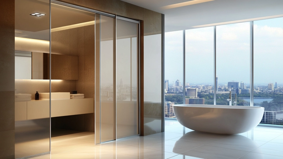 A modern sliding bathroom door saving floor space and offering smooth movement in a small contemporary bathroom.