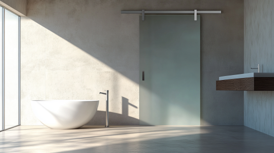 A rustic barn bathroom door sliding on metal hardware, adding character while functioning as a bathroom entrance.