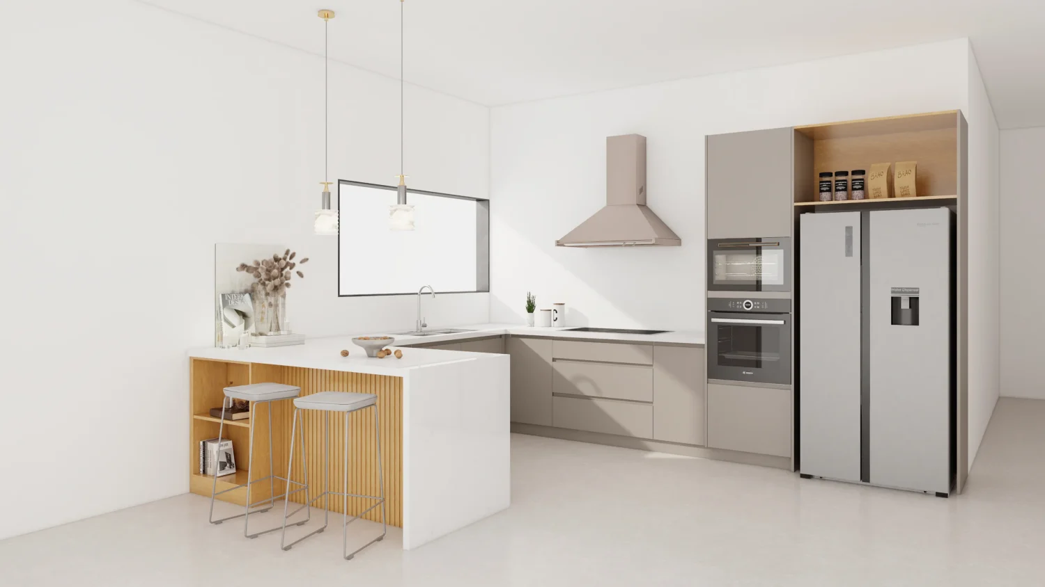 A small island with integrated seating for casual dining, reflecting stylish small kitchen island ideas.