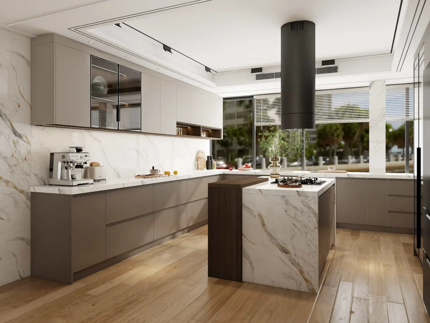 A two-tier island offering separate prep and dining areas, inspired by modern small kitchen island ideas.