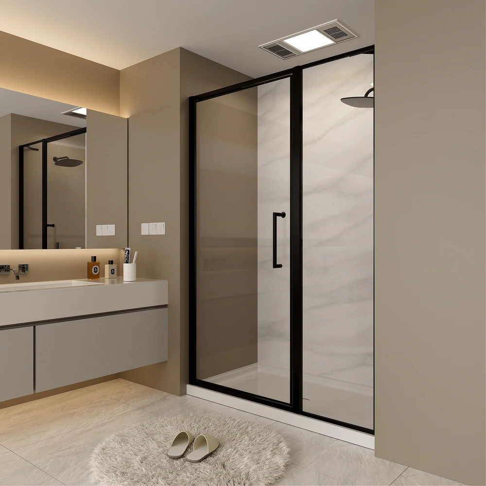 A luxury pivot bathroom door with tempered glass rotating smoothly for modern ensuite design.