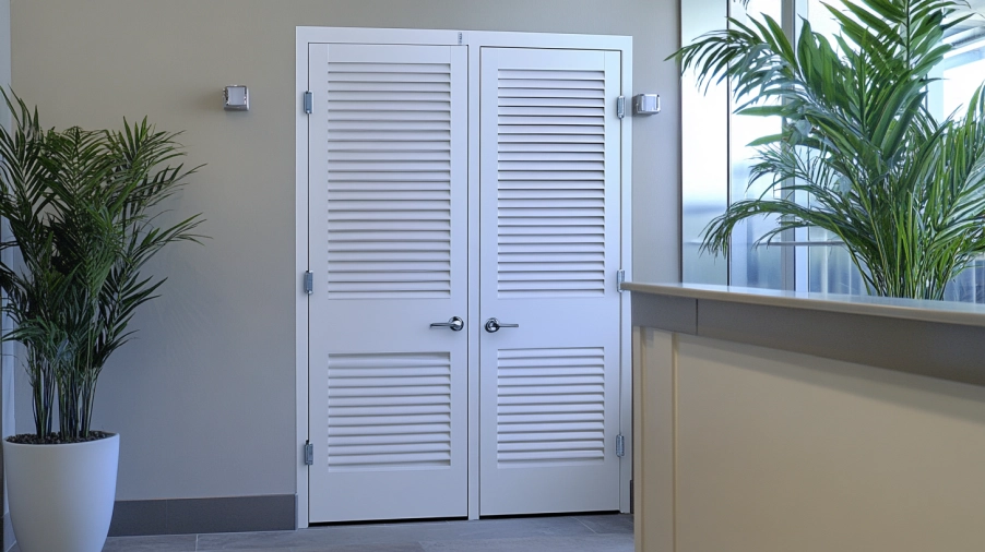A white louvered bathroom door improving ventilation and privacy in a humid small bathroom.