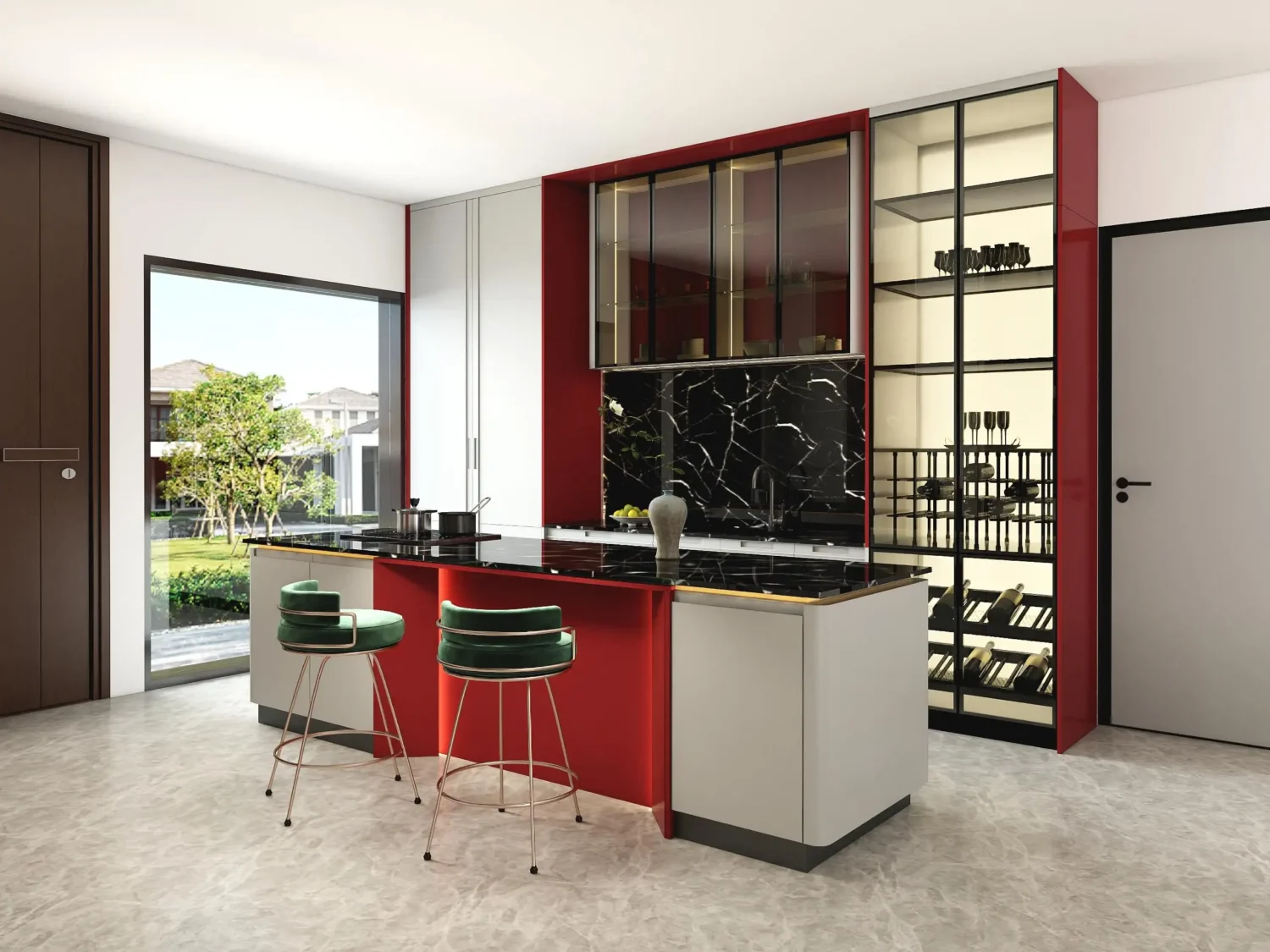 Frameless kitchen cabinets with clear glass doors to showcase stylish kitchenware.
