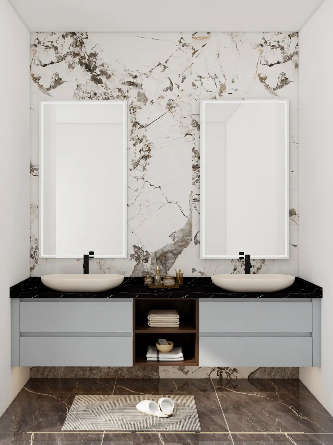 bathroom double sink cabinet with twin mirrors and spacious countertop offering shared convenience and elegant style