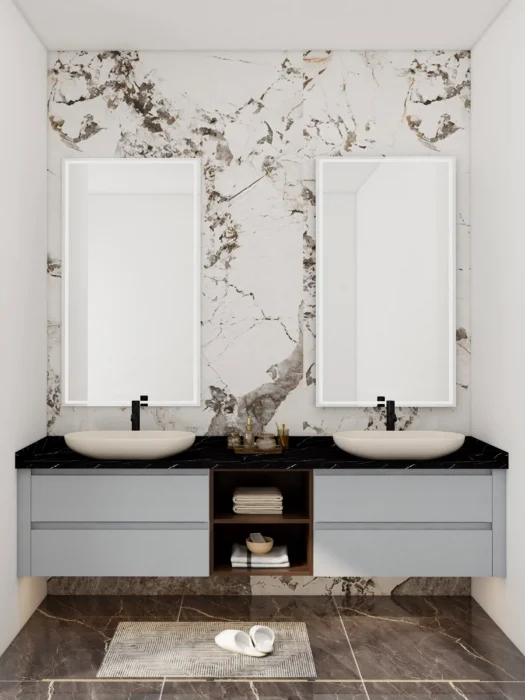 bathroom double sink cabinet with twin mirrors and spacious countertop offering shared convenience and elegant style