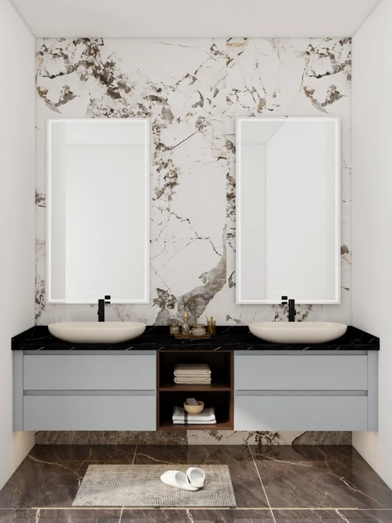bathroom double sink cabinet with twin mirrors and spacious countertop offering shared convenience and elegant style