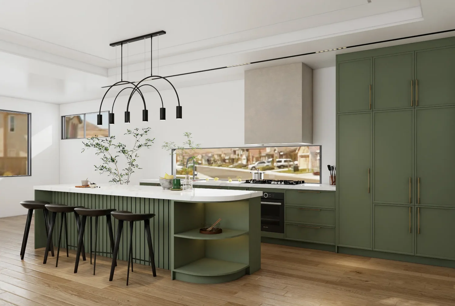 Frameless kitchen cabinets with bold metallic handles for an added design touch.