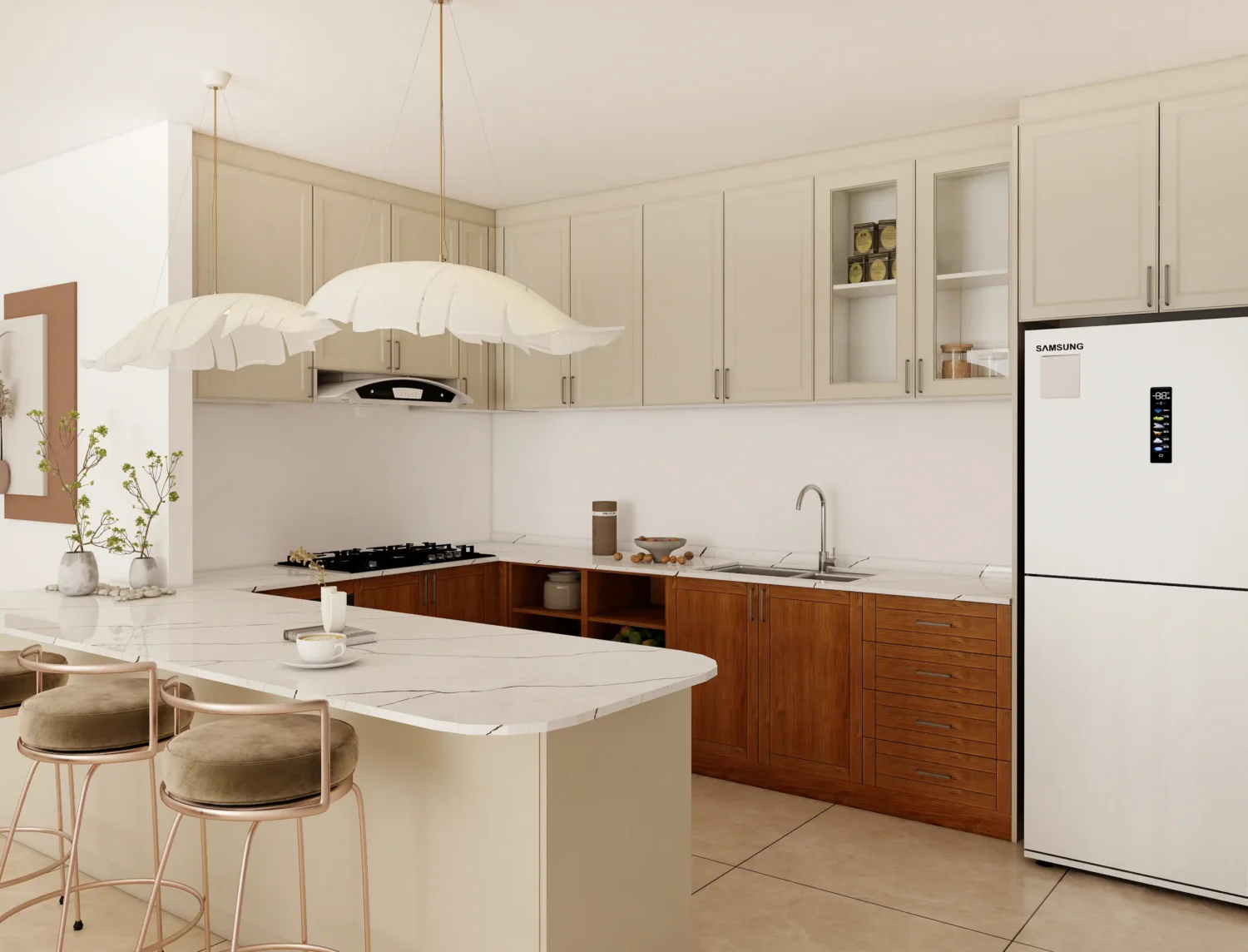 Ceiling height upper kitchen cabinets in white with crown molding and hidden lighting.