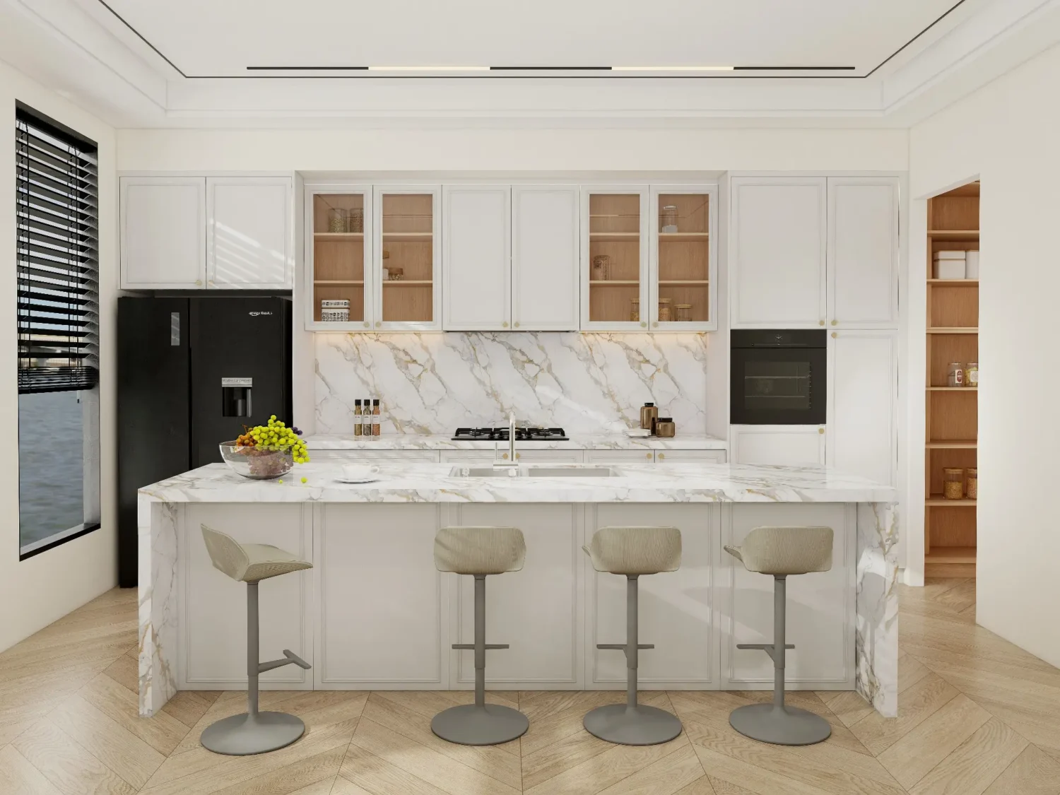 A classic white kitchen design showing upper glass units illustrating kitchen cupboard vs cabinet choices.