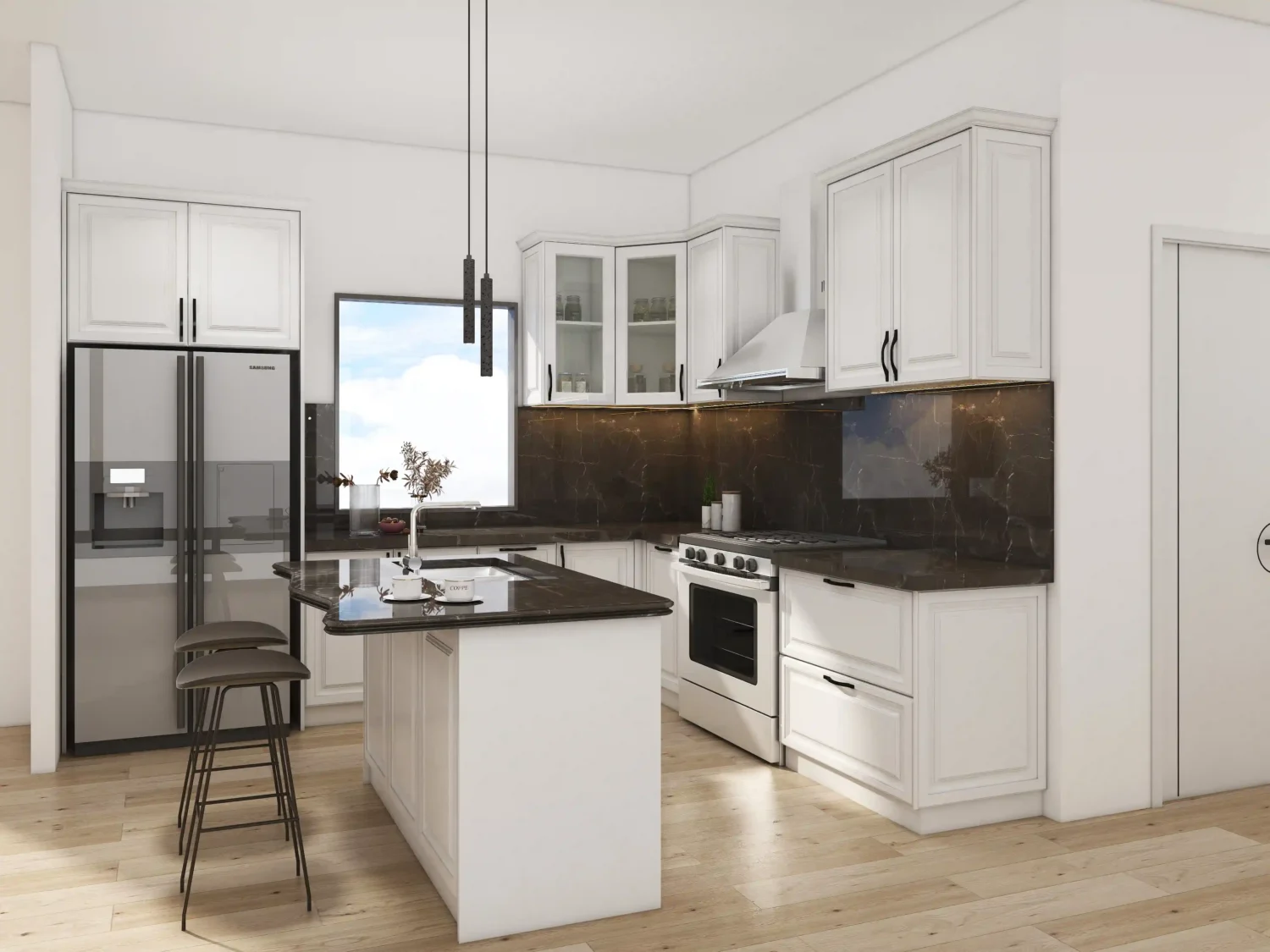 A compact narrow island designed for tight layouts, showing modern storage and style, perfect for small kitchen island ideas.