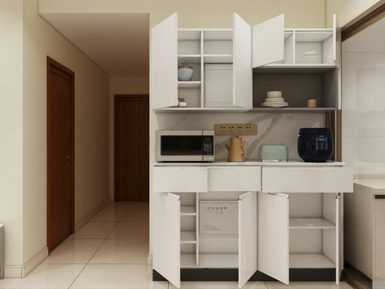 A compact kitchen with open white shelving comparing everyday cupboard vs cabinet usage in small spaces.