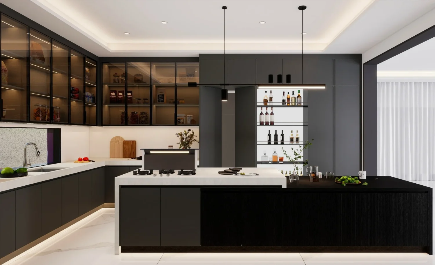 Black and white kitchen design with Thermofoil cabinets, a dark island, and illuminated shelves.