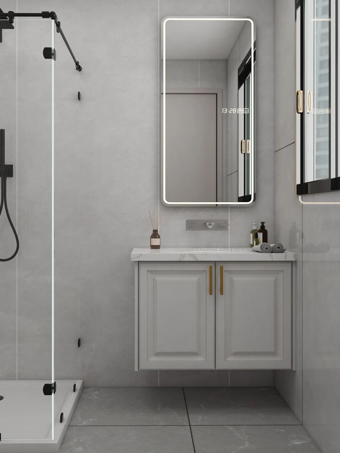 corner bathroom sink cabinet designed for small layouts with efficient open shelving and compact countertop placement