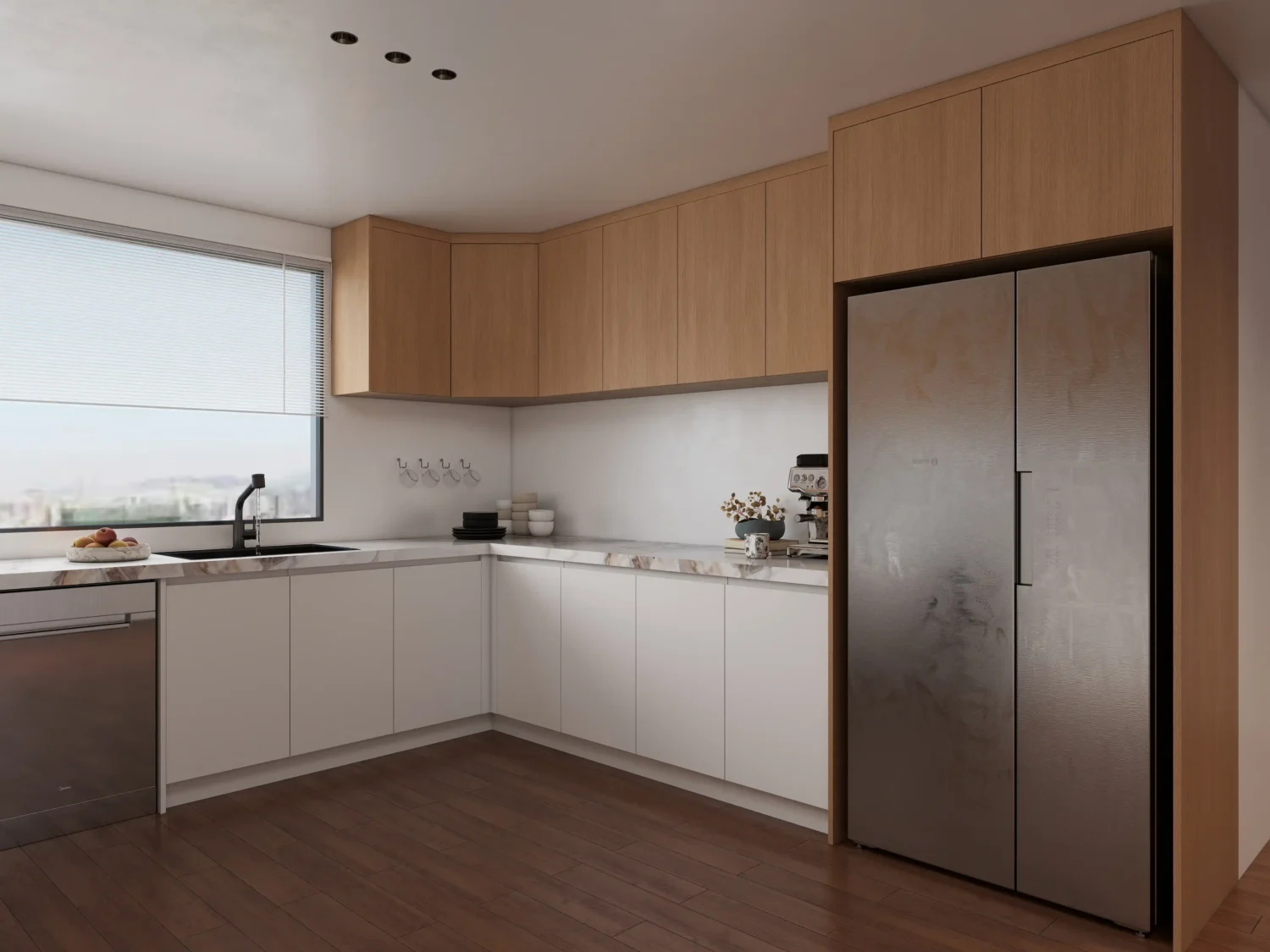 Custom corner upper kitchen cabinet with rotating shelf and modern white door panels.