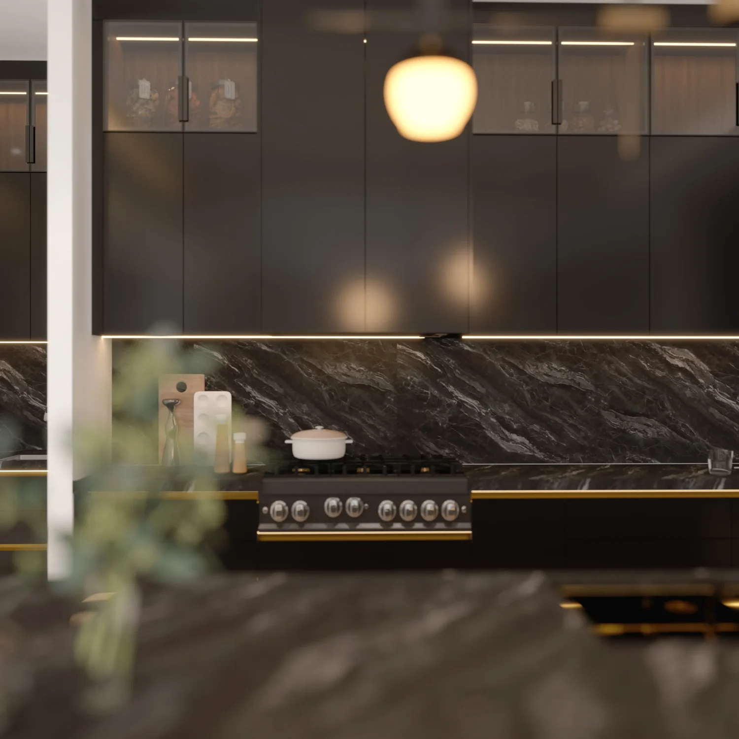 Frameless kitchen cabinets with integrated LED lighting creating ambiance and style.