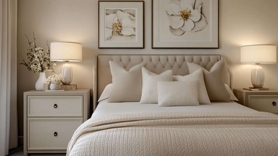 An elegant bedroom accent cabinet beside the bed, styled with soft neutral tones and ambient lighting.