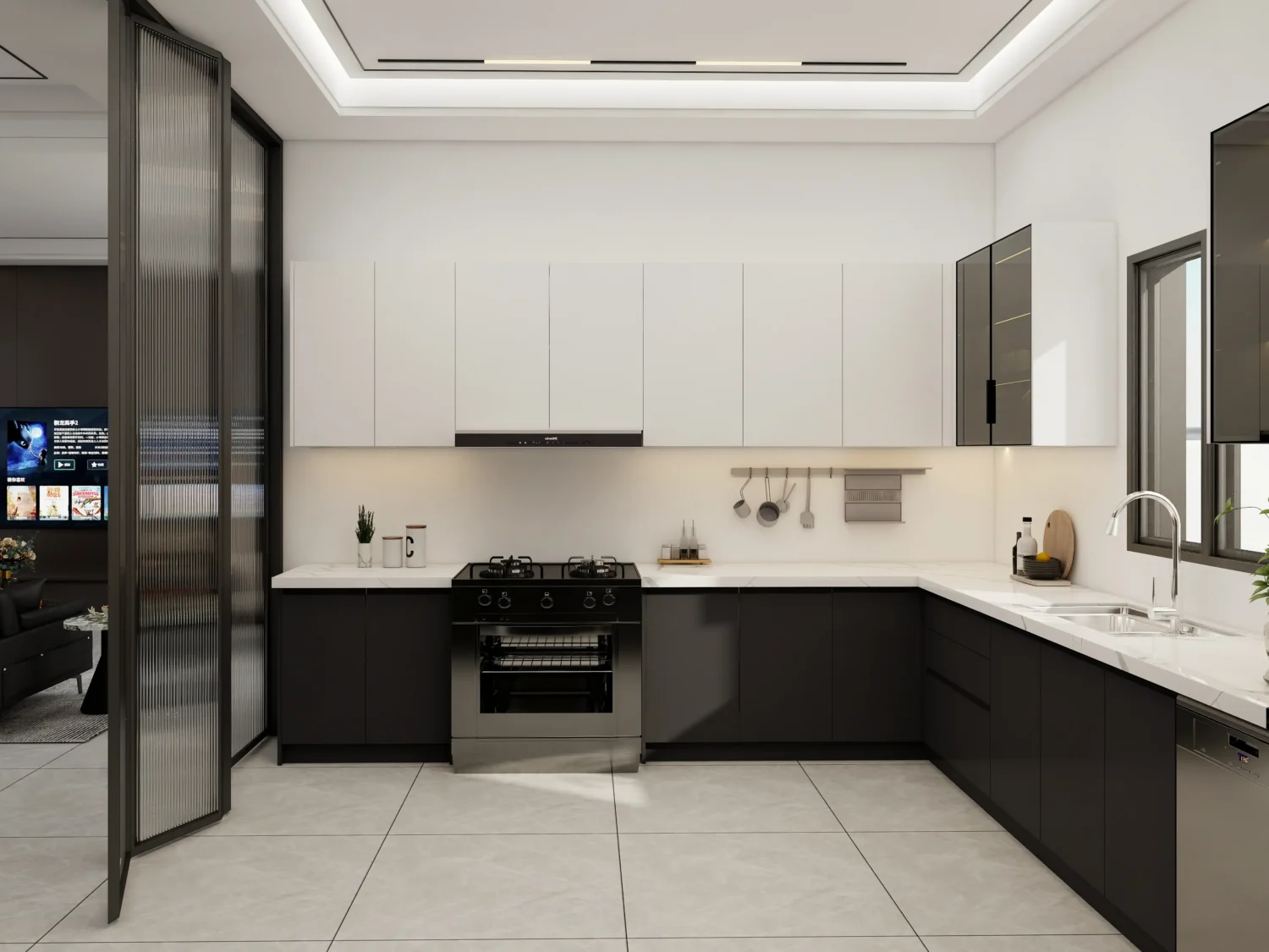 Floating asymmetric upper cabinet ideas in contemporary minimalist kitchen layout.