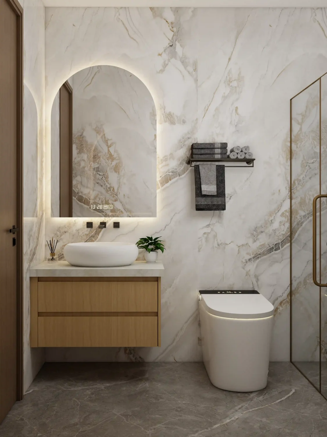 floating bathroom sink cabinet in modern minimalist style with soft lighting and smooth stone countertop finish