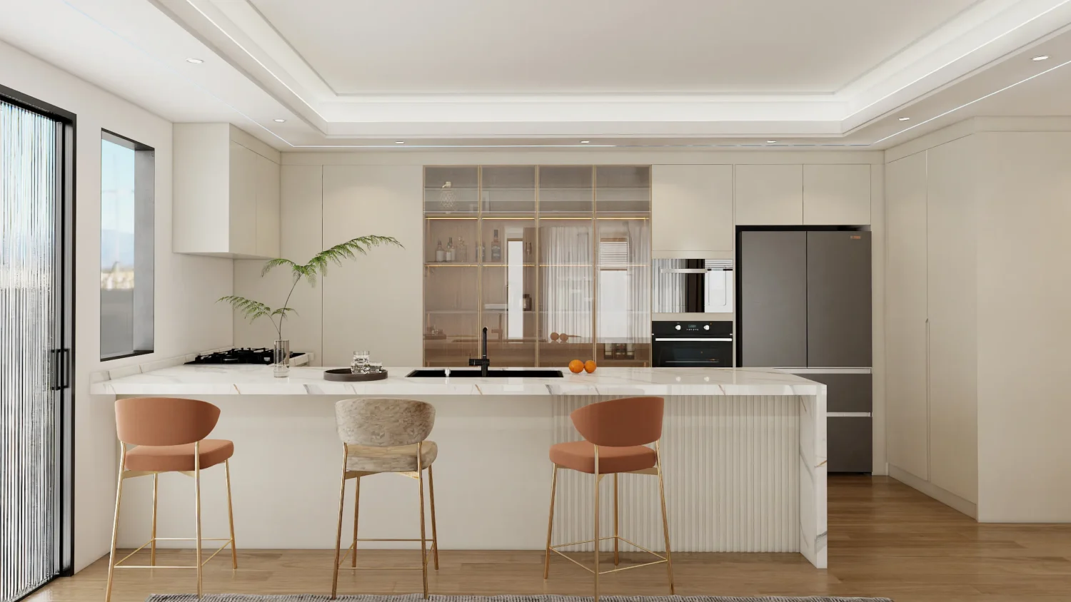 Modern minimalist frameless kitchen cabinets with handleless doors, sleek design.