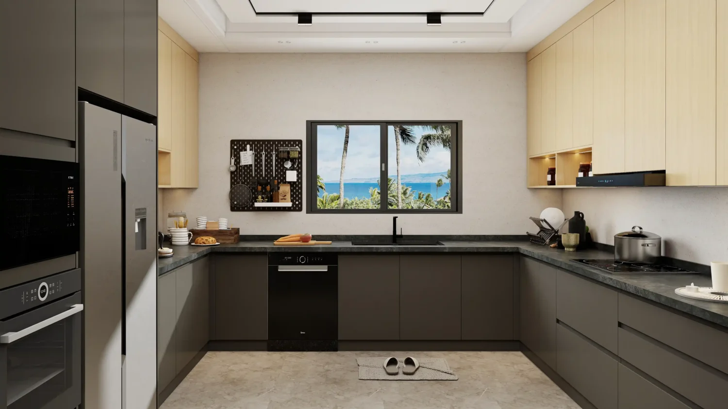 Frameless kitchen cabinets using wood and metal for a striking contrast in design.