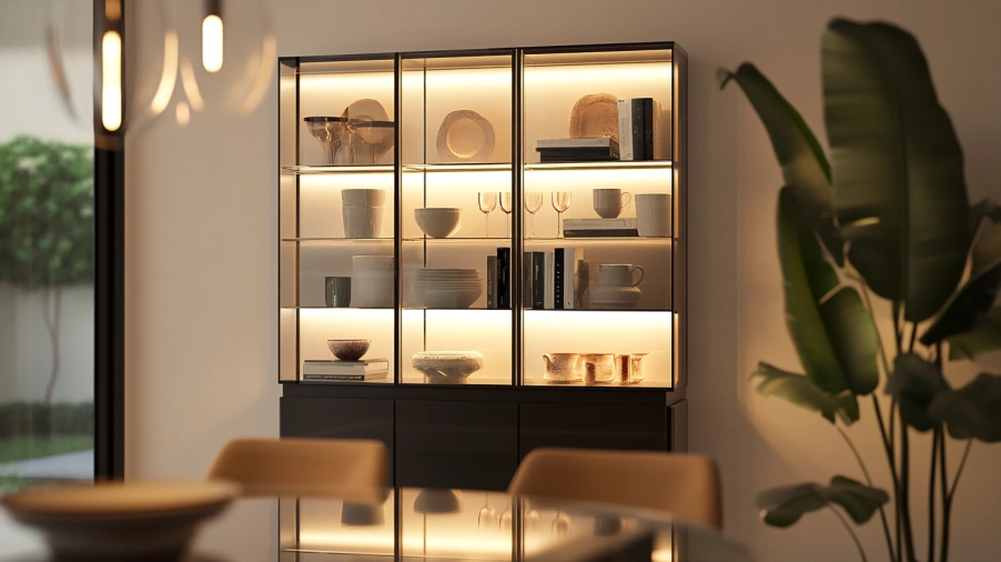 A sleek glass-front accent cabinet in a bright dining room displaying ceramics and decorative items.