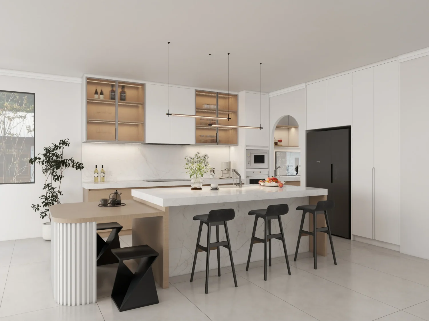 Glass front upper cabinet display with LED lighting and decorative glassware arrangement.