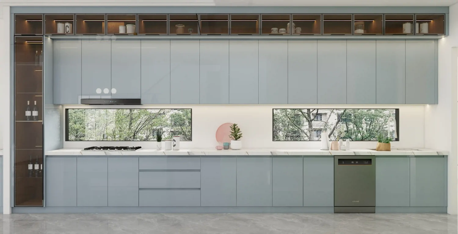 Frameless kitchen cabinets with a high gloss finish for a sleek, modern look.