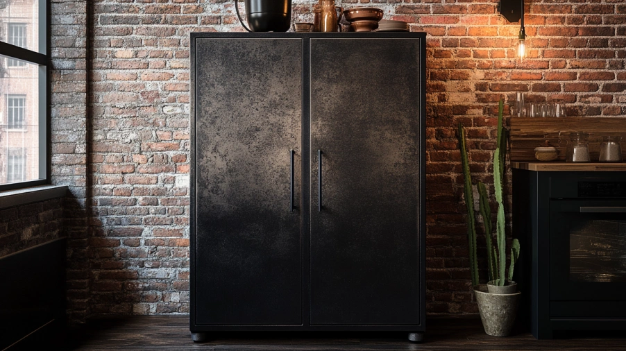 A matte black metal accent cabinet in an industrial loft with exposed brick and moody lighting.