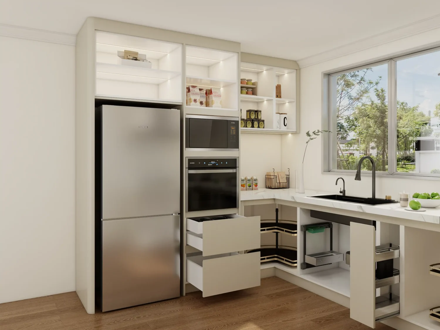 Integrated lighting upper kitchen cabinets with under-cabinet LED strips and warm tone.