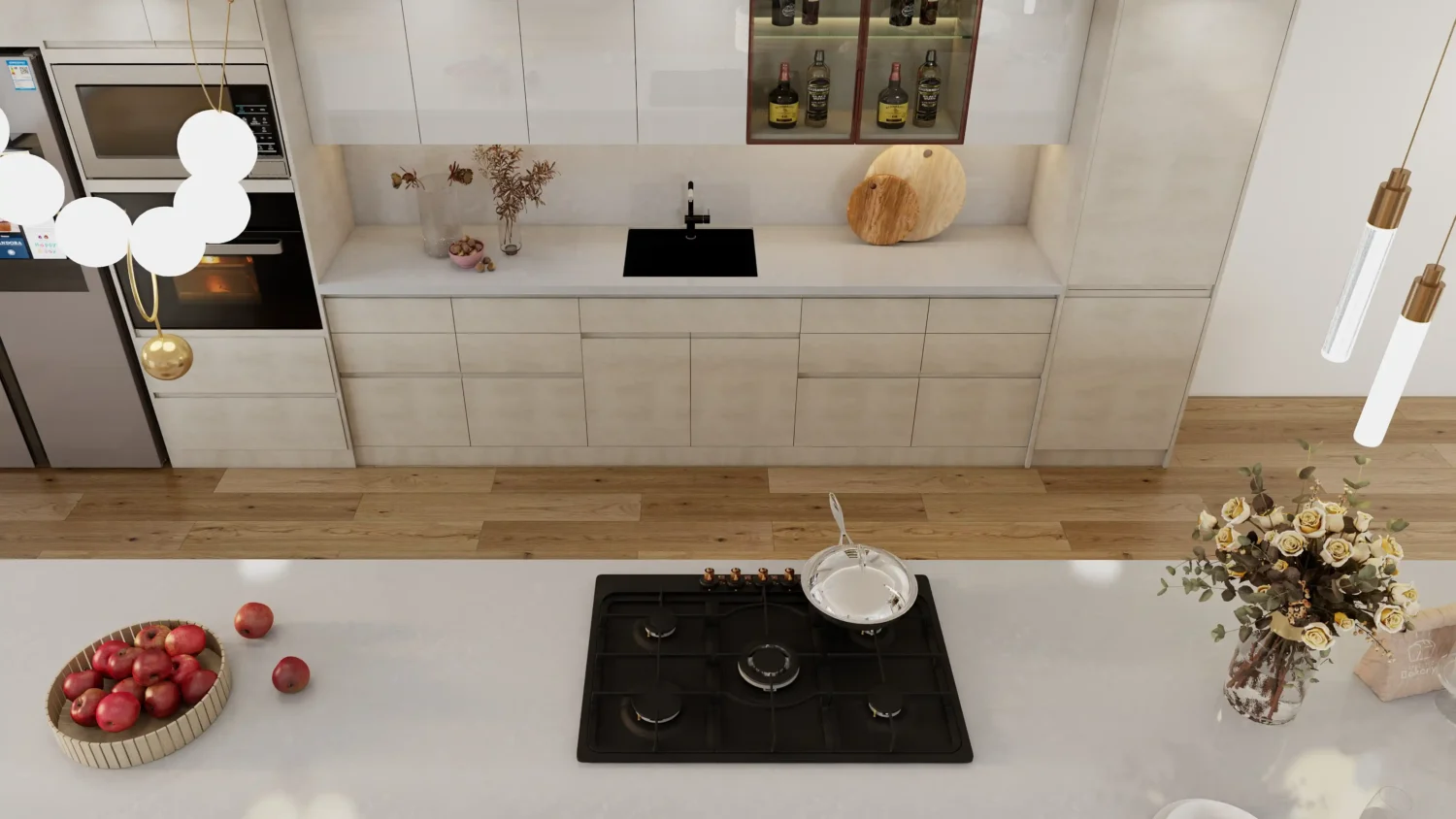 A light wood modern kitchen sink cabinet design with clean storage and a black square sink.