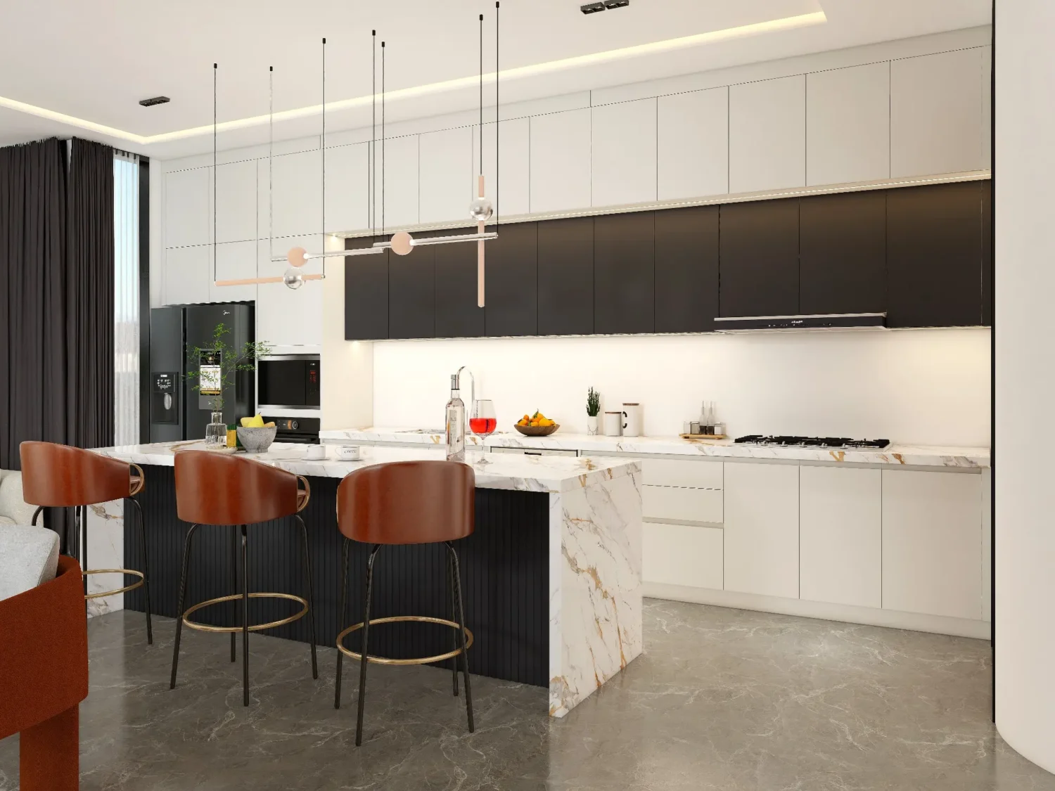 A luxury island kitchen with tall storage units showing modern cabinets vs cupboards in a seamless layout.