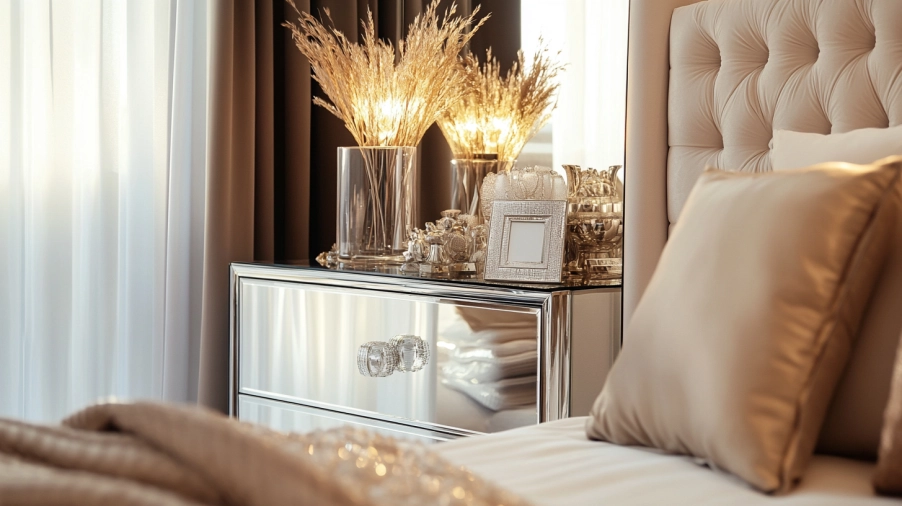A reflective mirrored accent cabinet in a chic bedroom with soft ambient lighting and elegant decor.