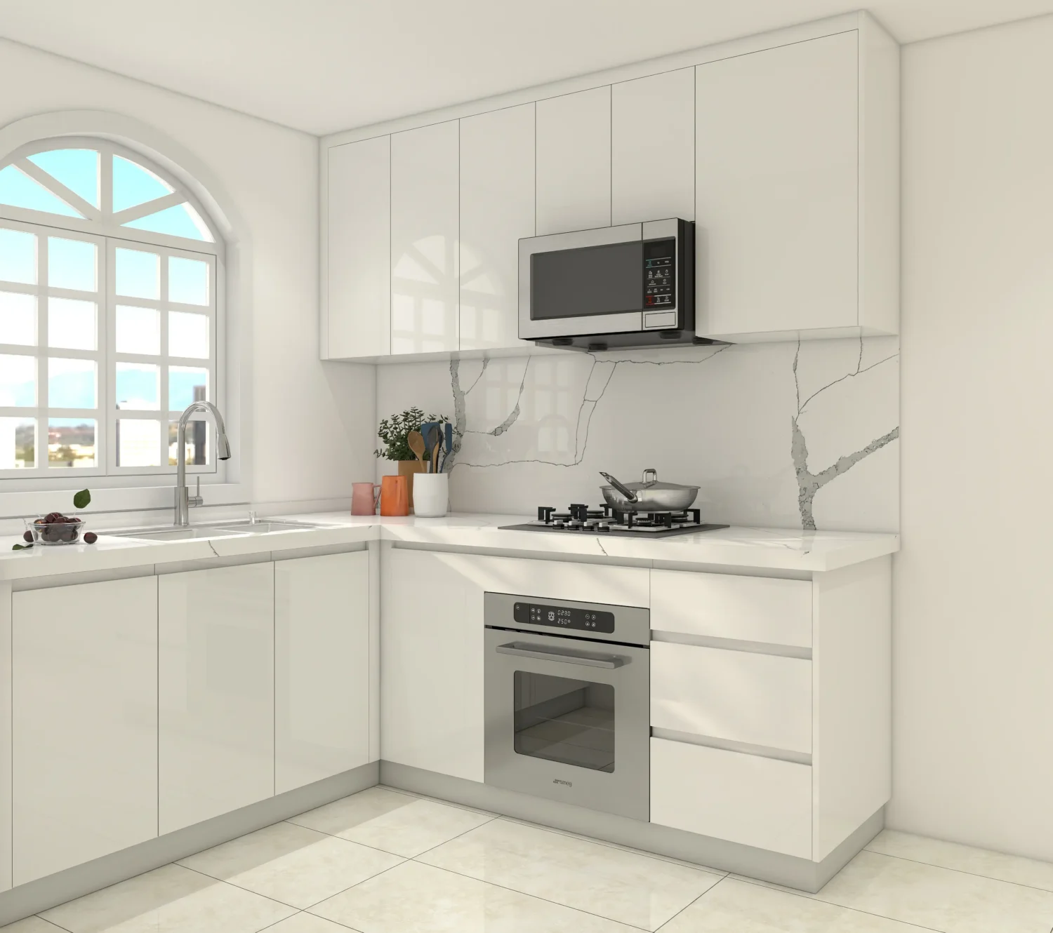 A bright white L-shaped kitchen sink and cabinet layout with clean lines and practical storage.