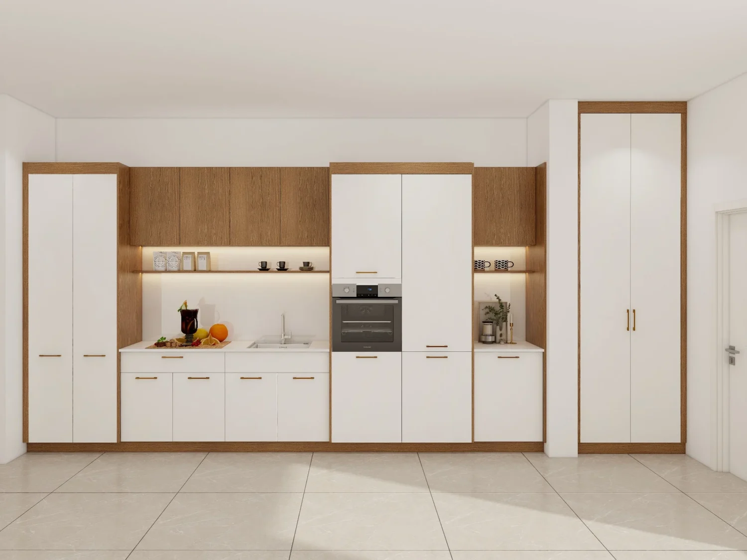 A minimalist white and wood kitchen displaying tall units that demonstrate cabinet vs cupboard design differences.