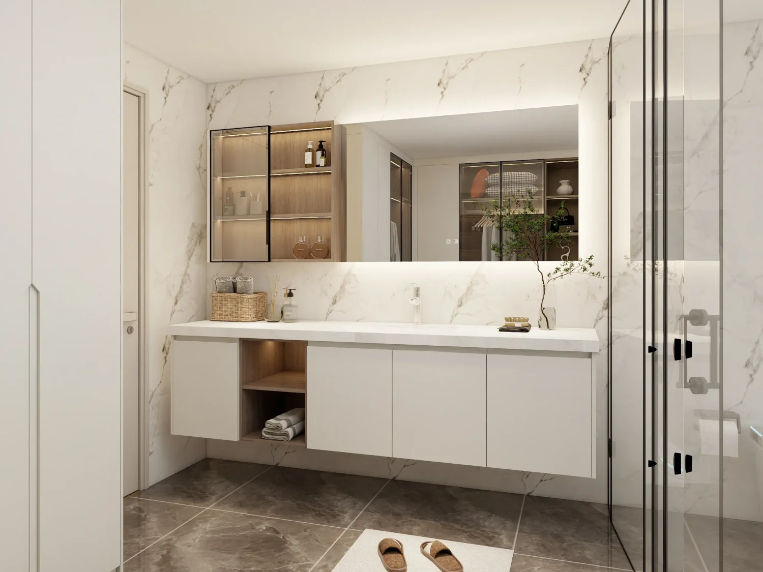 modern bathroom sink cabinet with long floating counter and open shelving integrated into a bright marble interior
