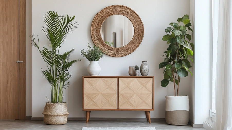 A slim wood accent cabinet in a modern entryway with a decorative mirror, warm lighting, and minimal decor.